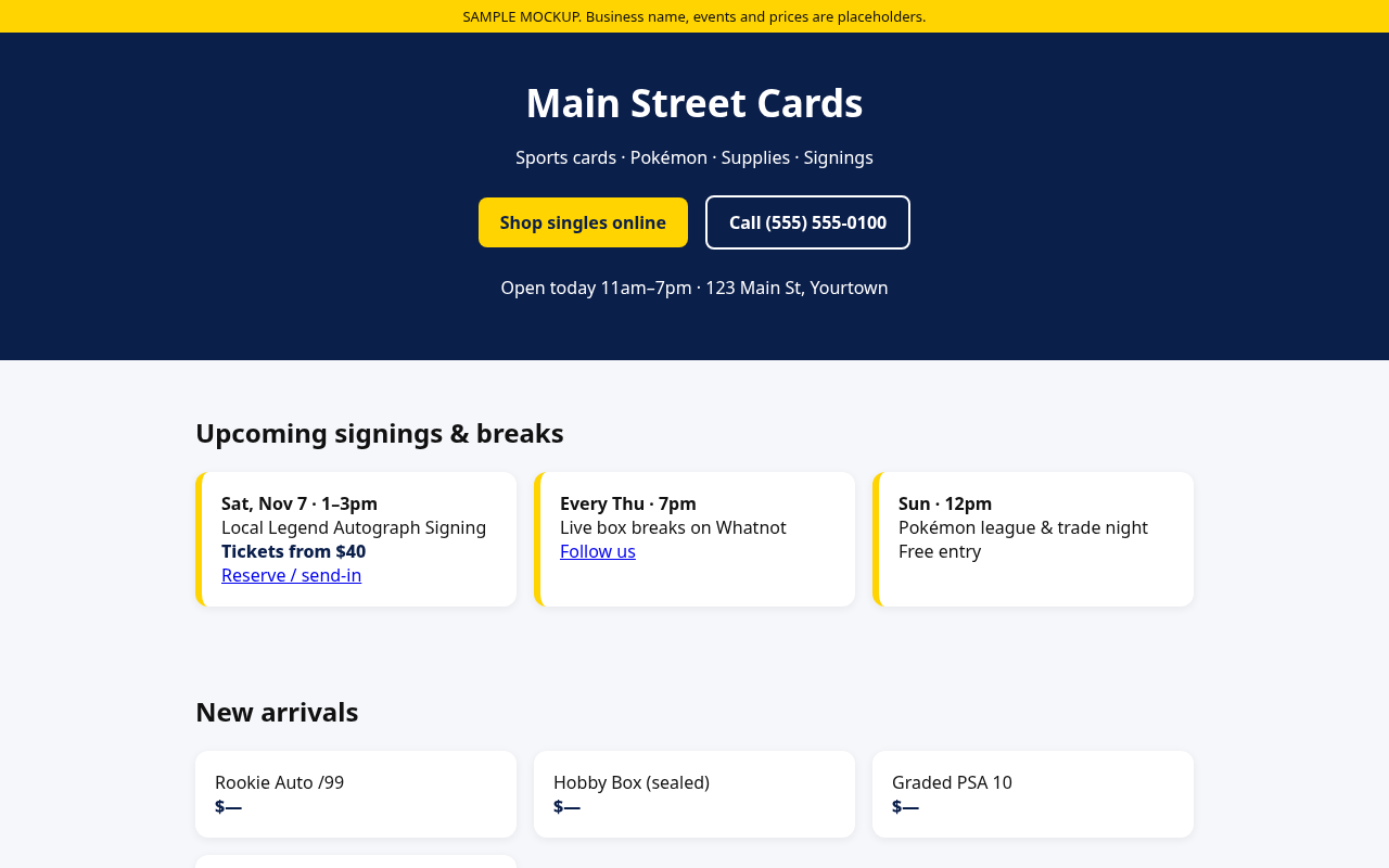 Sample card shop website design